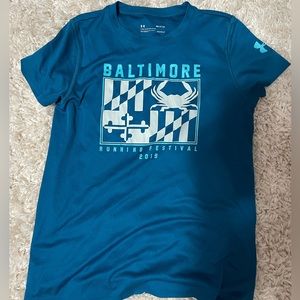 under armour, blue athletic t shirt, running shirt, baltimore 5k, good condition